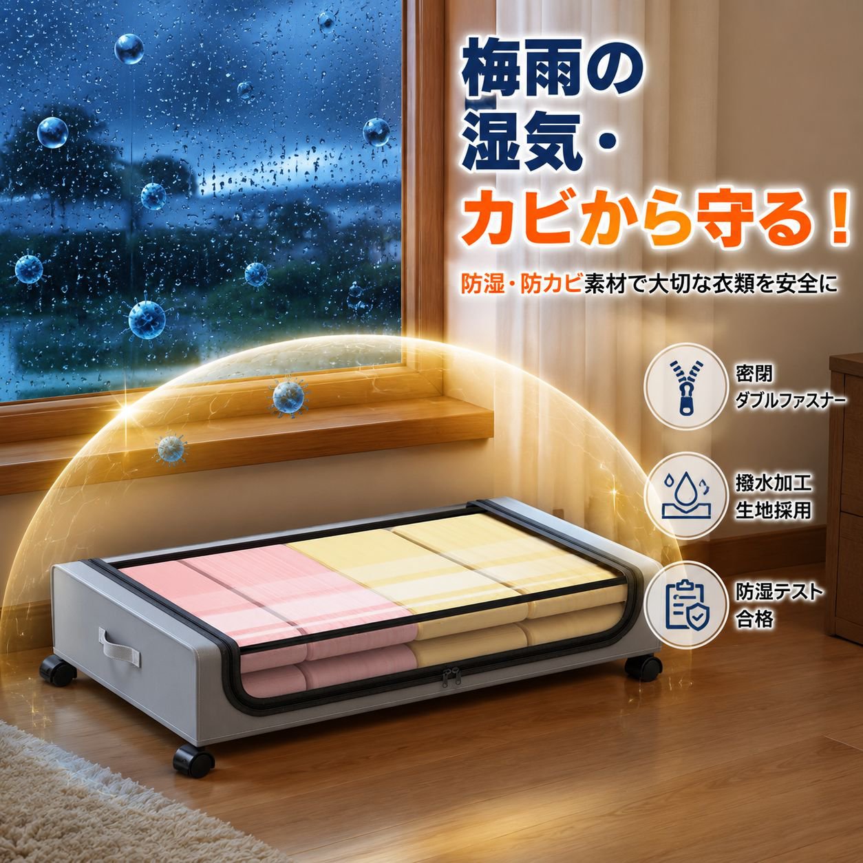 キャスター付きベッド下収納ボックス。防塵カバー付き。靴、毛布、衣類、掛け布団などを収納できる折りたたみ式収納ラック。
