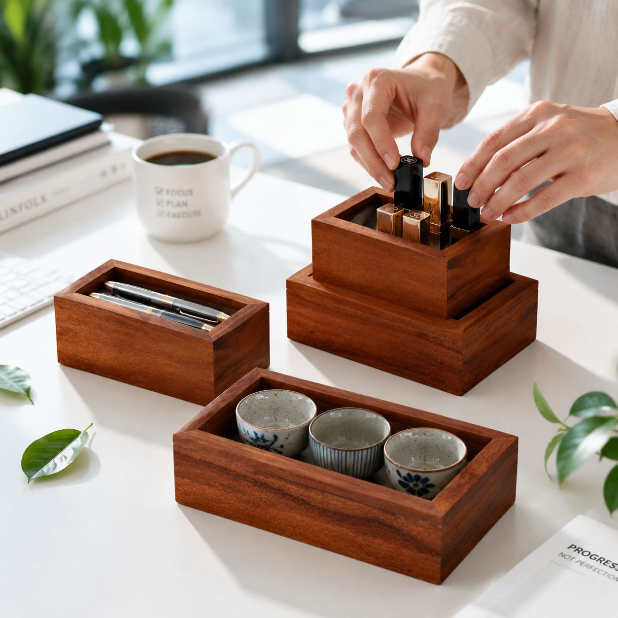 Massive wood storage box for lipstick, teacup and accessories