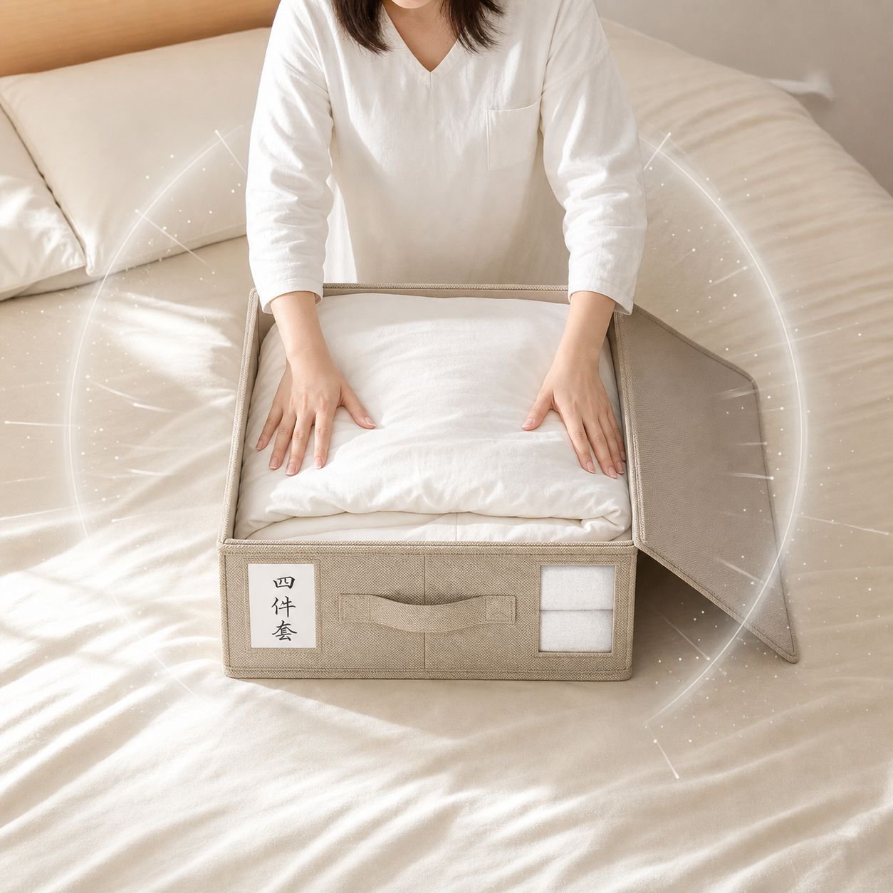 衣類、布地、ベッドシーツ、ワードローブ、寝室用掛け布団カバー、その他の収納用品を収納するための収納ボックス。