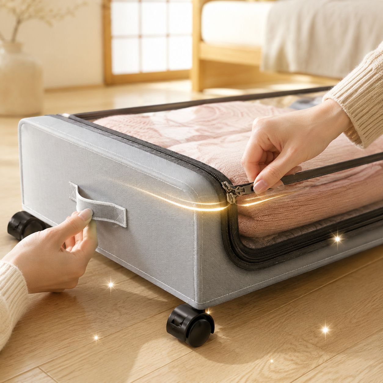 防塵カバー付きベッド下収納ボックスの使い方例