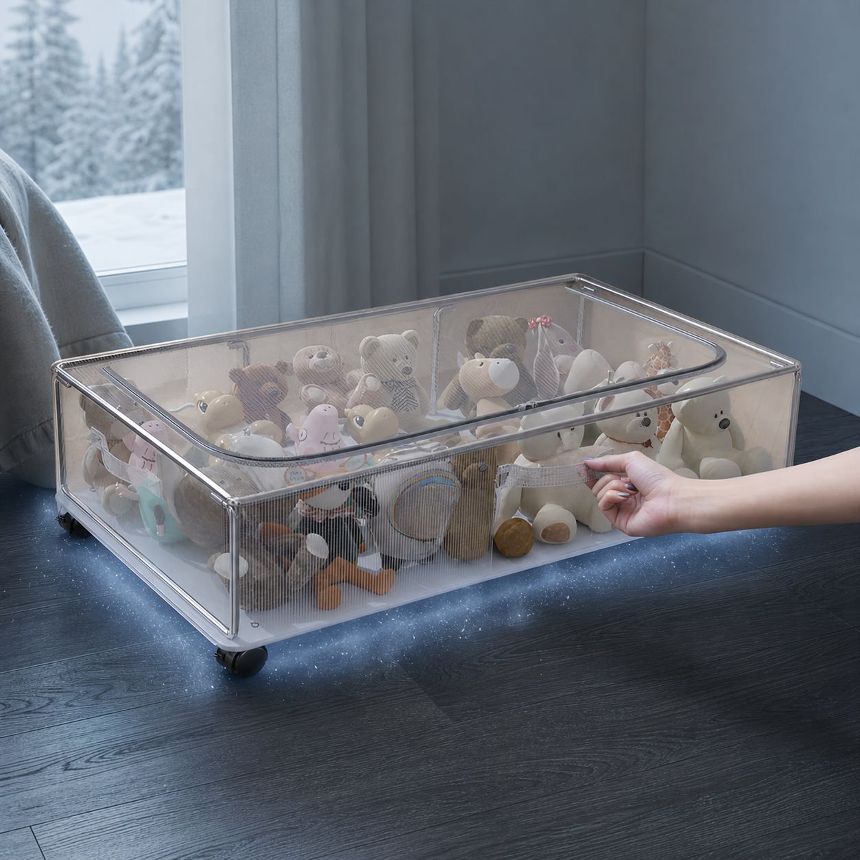 Große Unterbett-Box mit Rollen, feuchtigkeitsbeständige, transparente Aufbewahrung für Kleidung