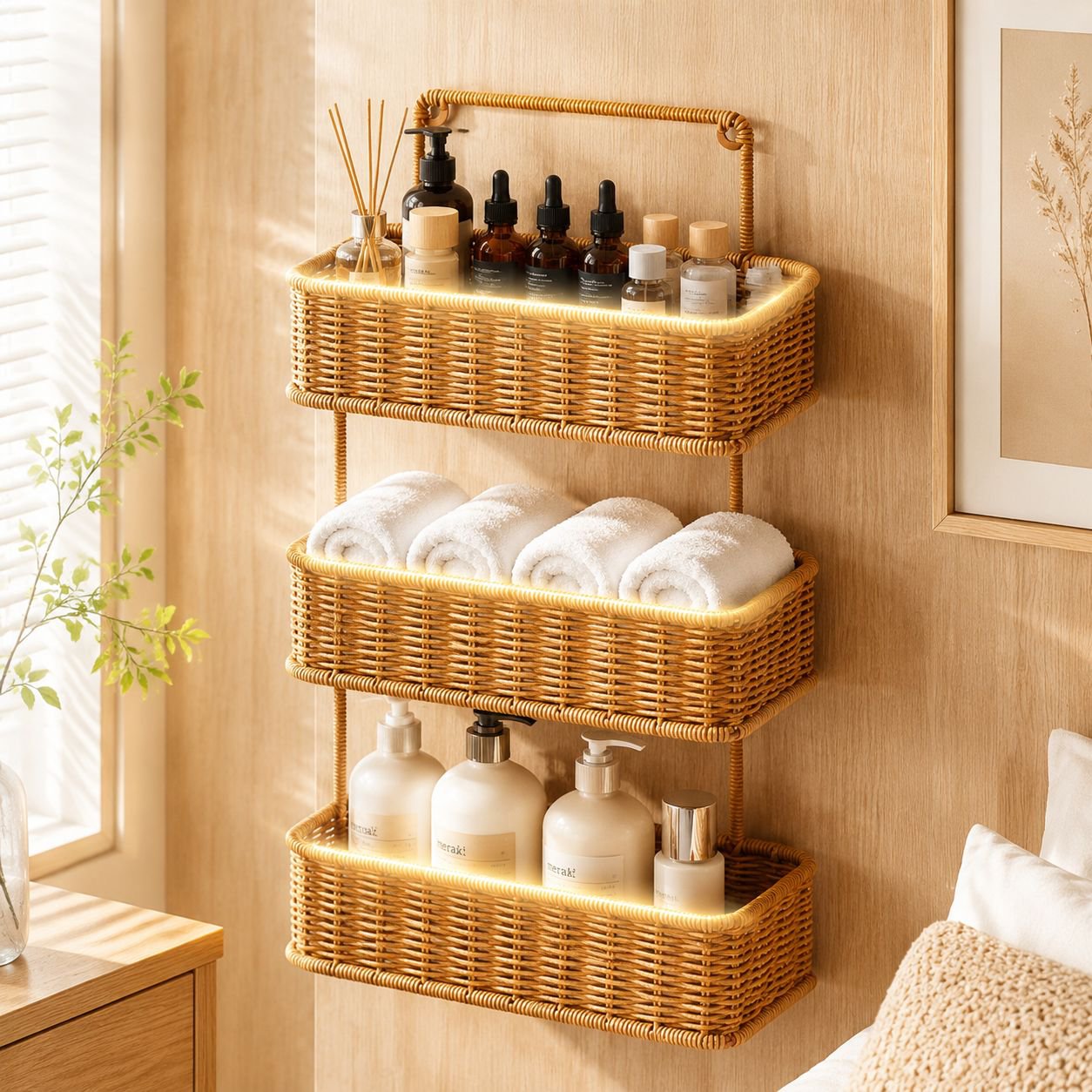 Close-up of imitation rattan shelf material and design