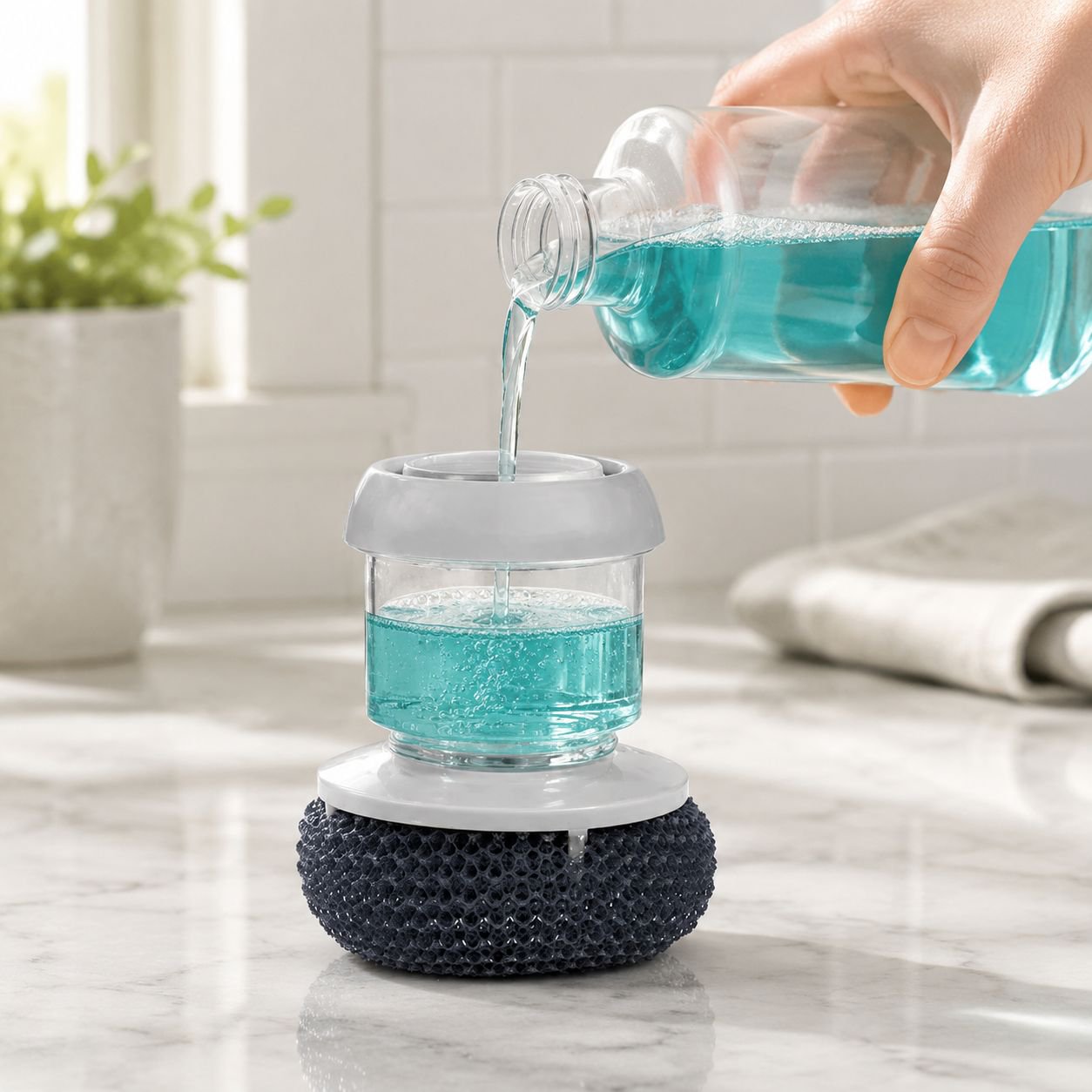 Kitchen Brush with Soap Dispenser, Short Handle Sponge and Wire Ball