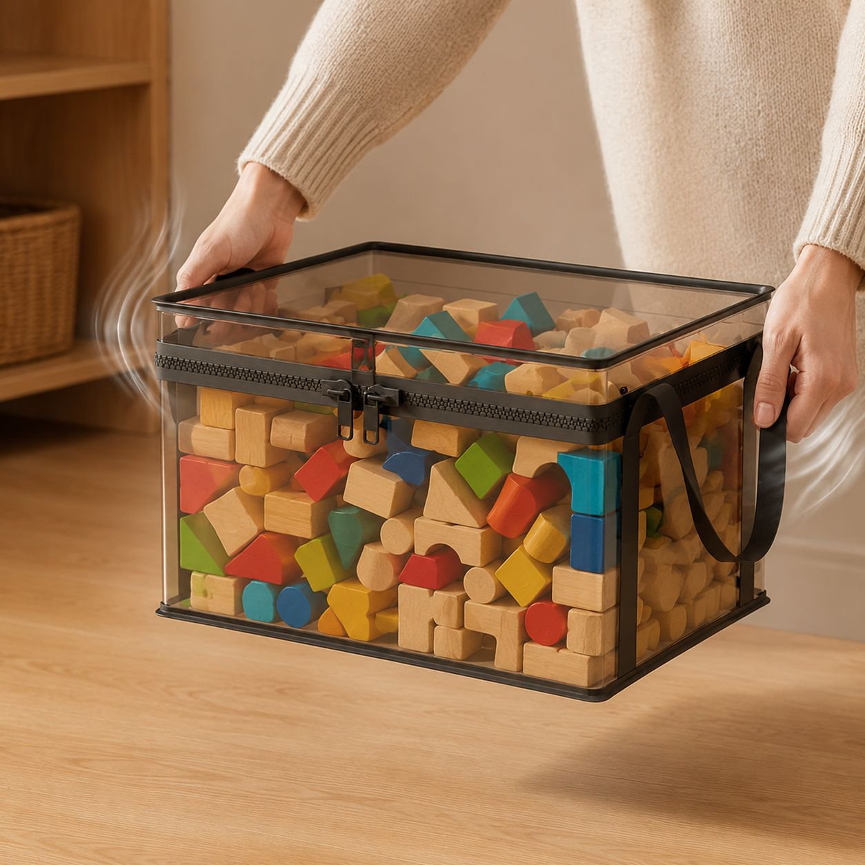 Lidded storage basket for dolls and accessories