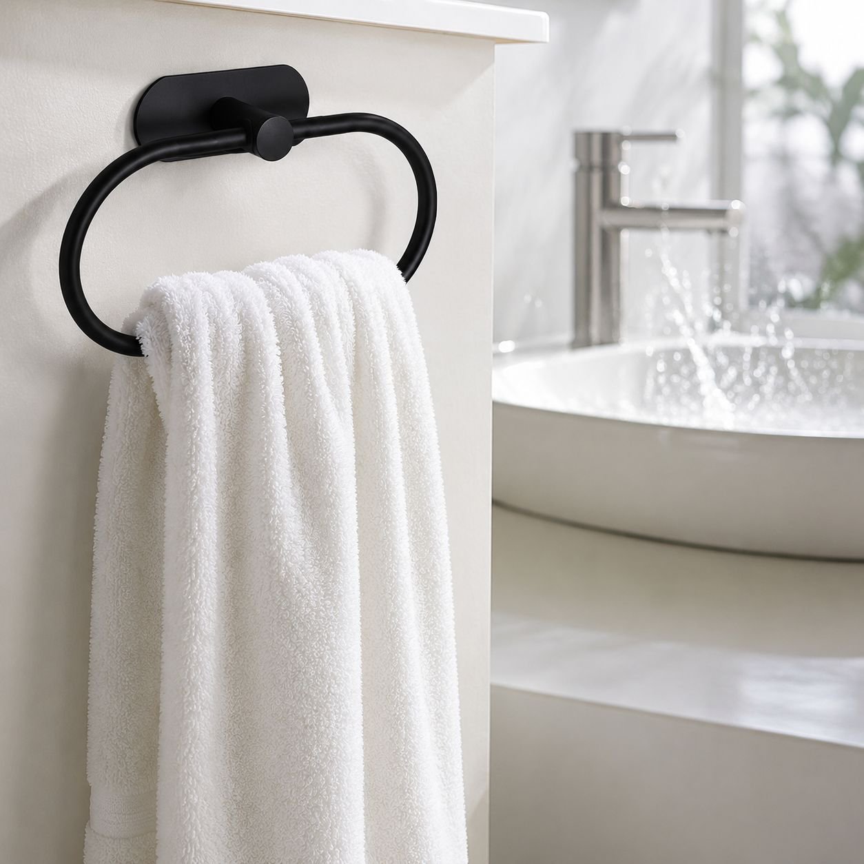Bathroom accessories set with towel bar, ring, and holder