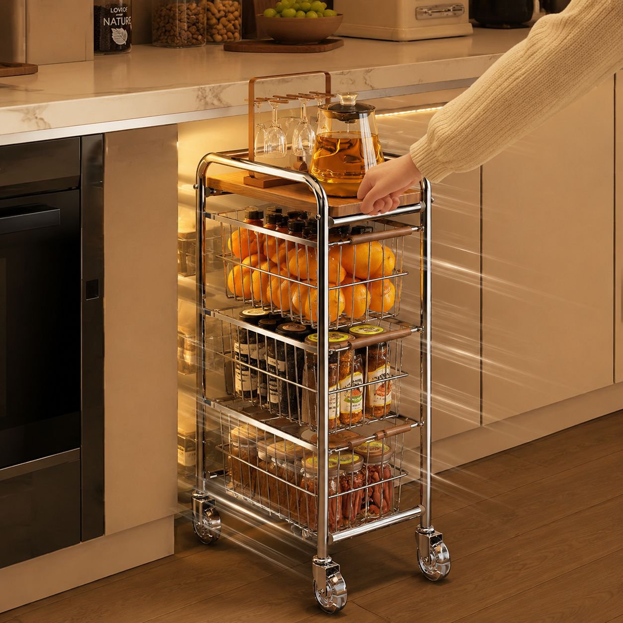 Side view of refrigerator with pull-out storage rack