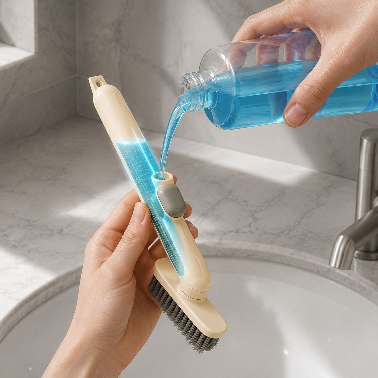 Multifunktionale Fugenreinigungsbürste mit Flüssigkeitstank für das Badezimmer