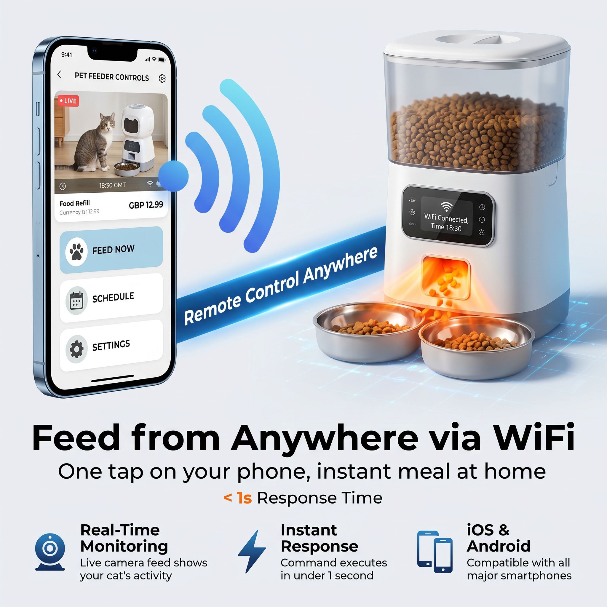 Automatic pet feeder with Wi-Fi, 3.5L large capacity.