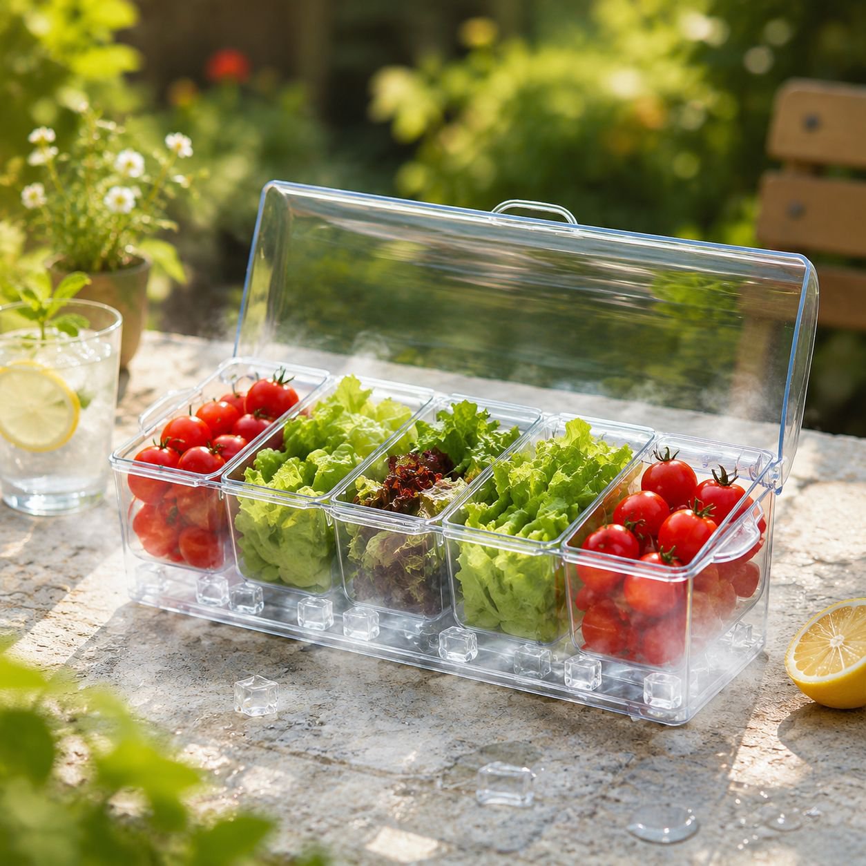 Kühlschrank-Salatbehälter mit Trennwand aus lebensmittelechtem Kunststoff