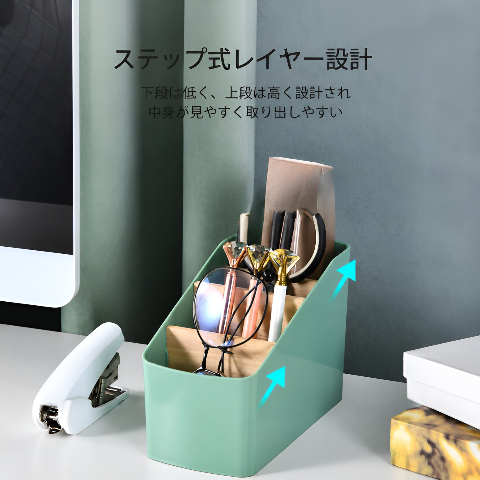 取り外し可能な竹と木製の化粧品収納バスケット、キッチン雑貨収納バスケット、リビングルームのコーヒーテーブル用木製およびプラスチック製収納ボックス
