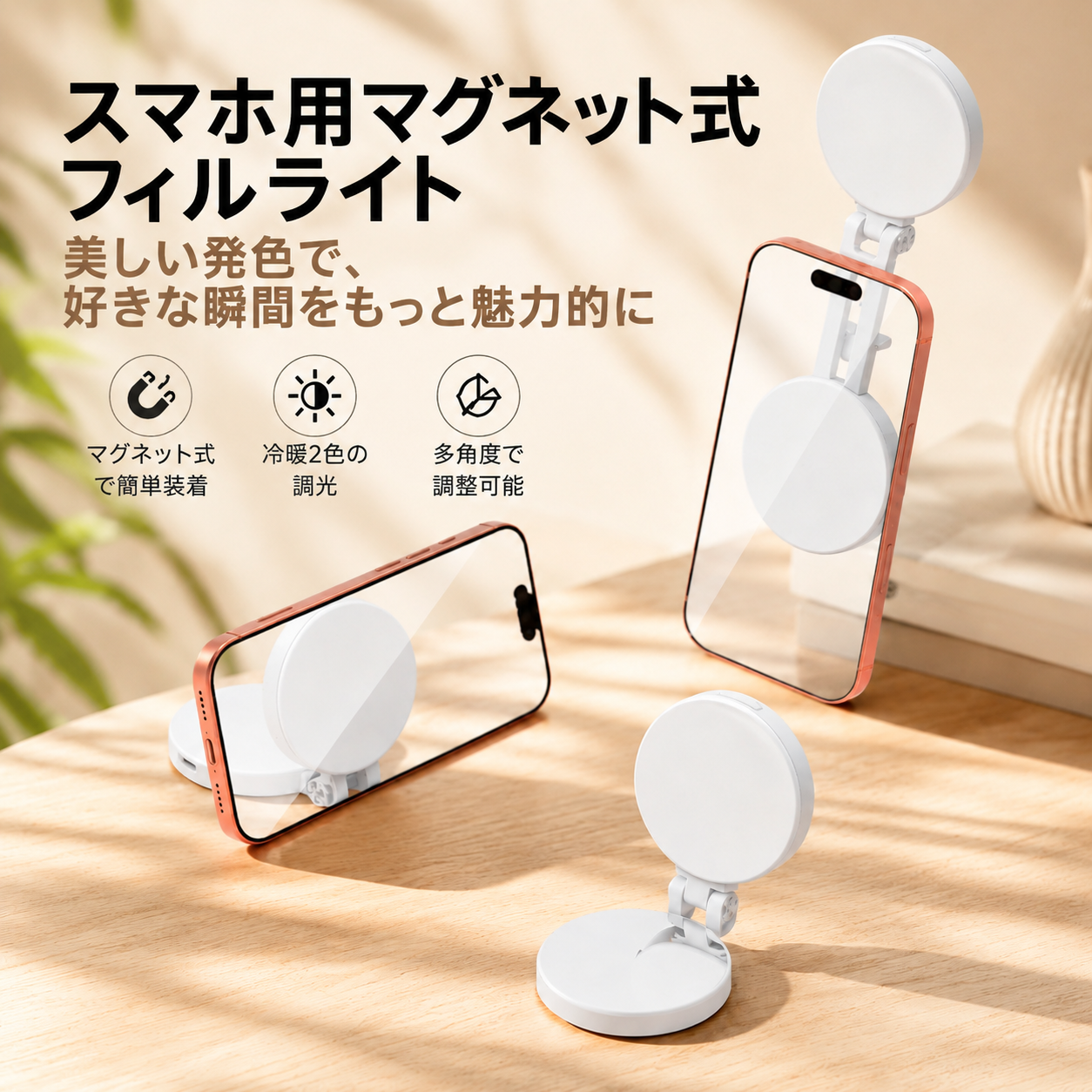 JMYリングライトの3つの照明モード切り替えイメージ