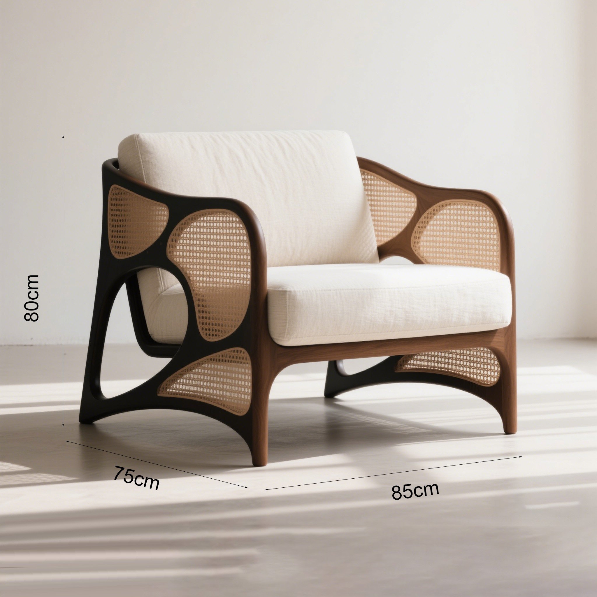 거실에 놓인 원목 라탄 싱글체어