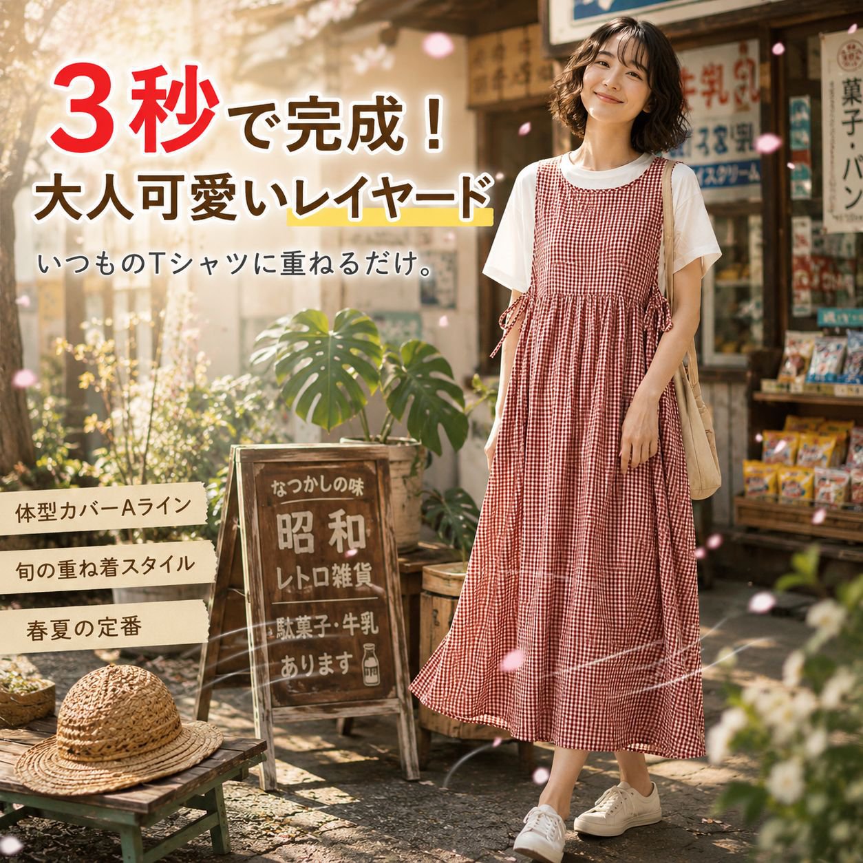 文芸風綿麻チェックワンピース