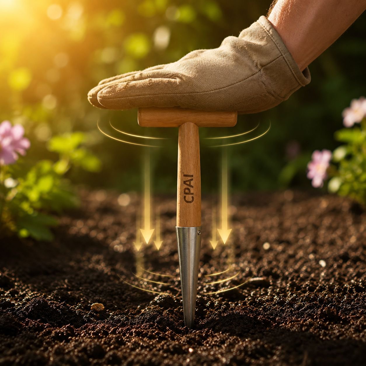 Stainless steel seedling hole punch tool in vegetable garden