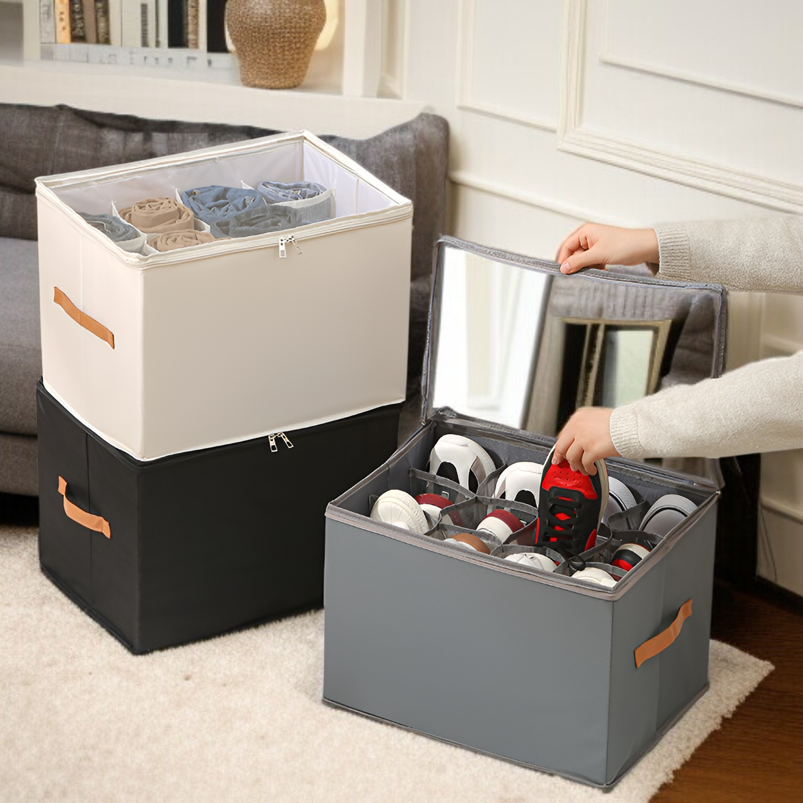 靴収納ボックス 折りたたみ式カバー付き 見える靴箱 多機能 仕切り付き 衣類 雑貨 収納ボックス