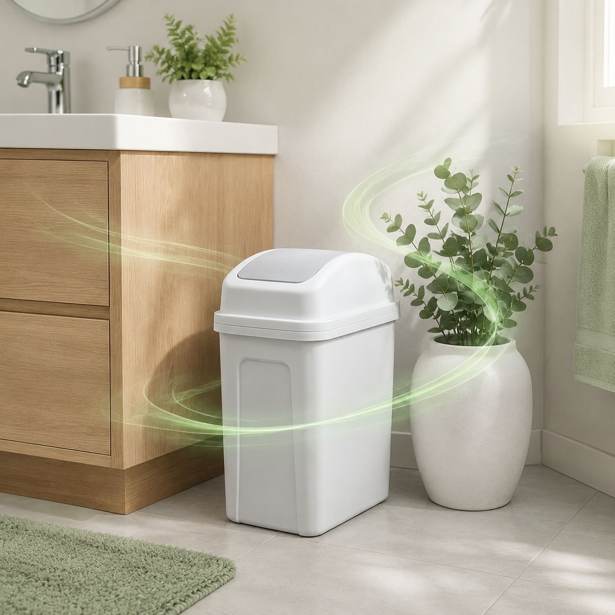 Close-up of swing lid design on household trash bin