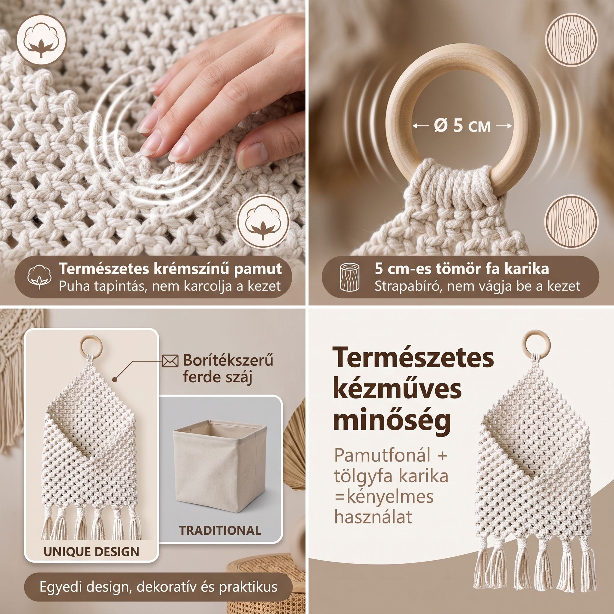 Boho stílusú, kézzel készített fali tároló, hálós kivitelben