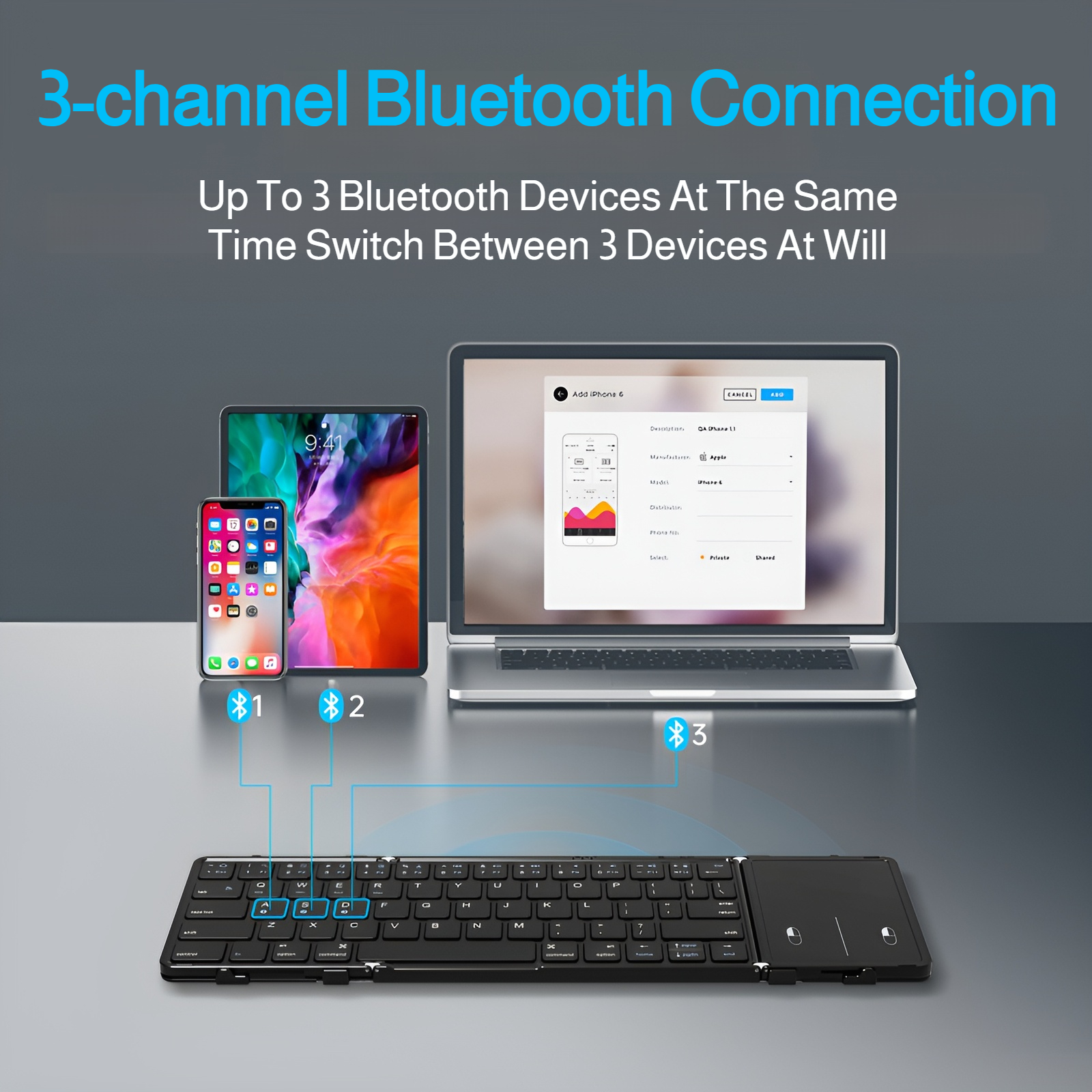 Teclado Bluetooth plegable doble con touchpad, conectable a laptop, tablet y móvil