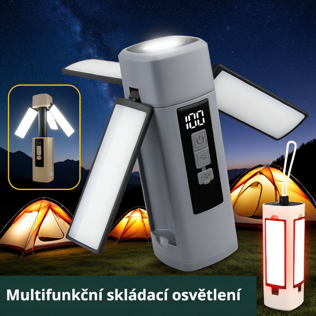 Dobíjecí venkovní závěsná lampa s funkcí skládání a teleskopu pro kempování
