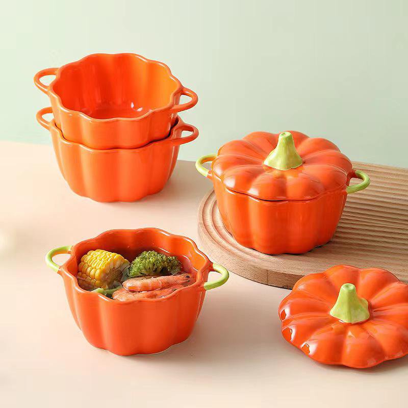 Tazón de sopa de cerámica con tapa y asas en forma de calabaza