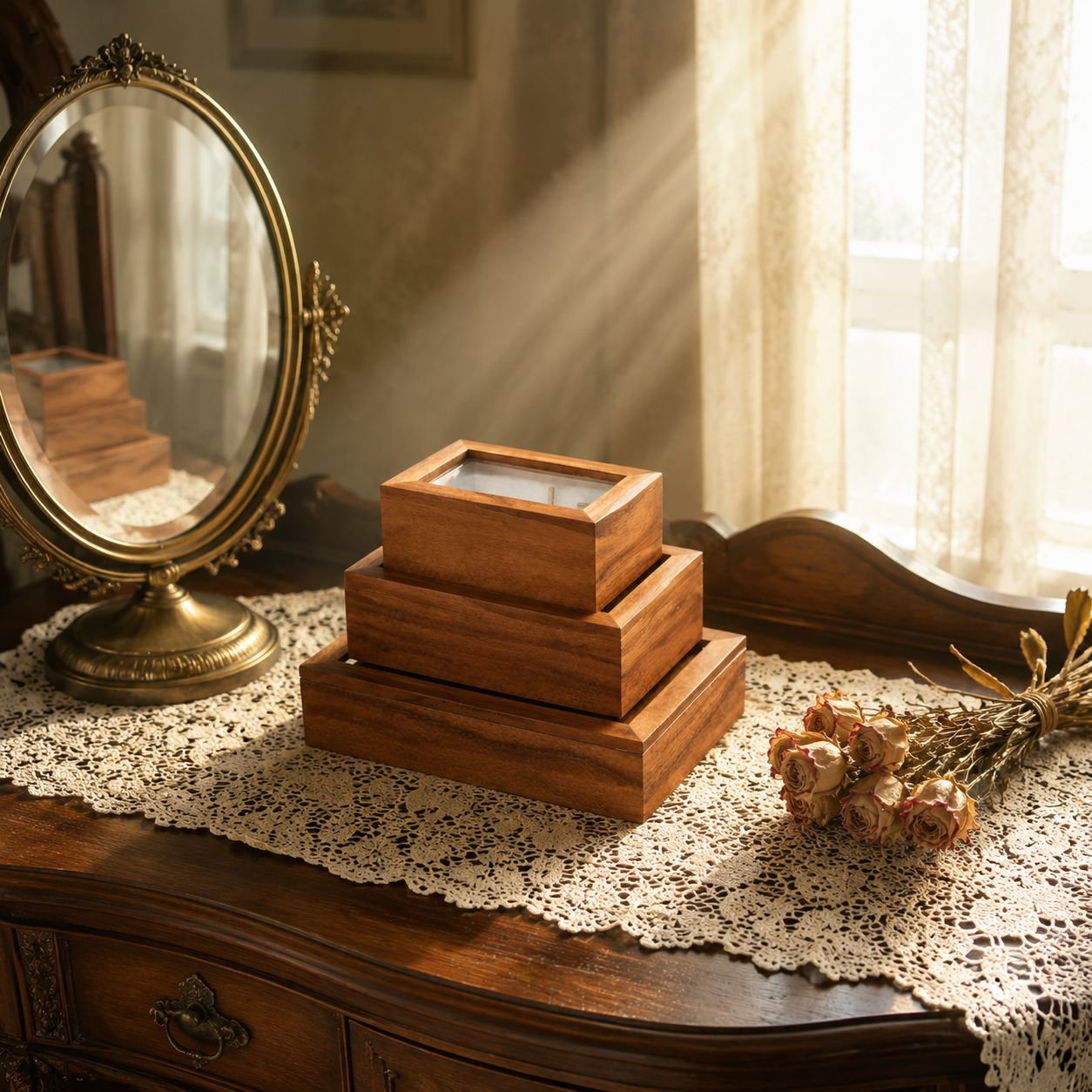 Massive wood storage box for lipstick, teacup and accessories