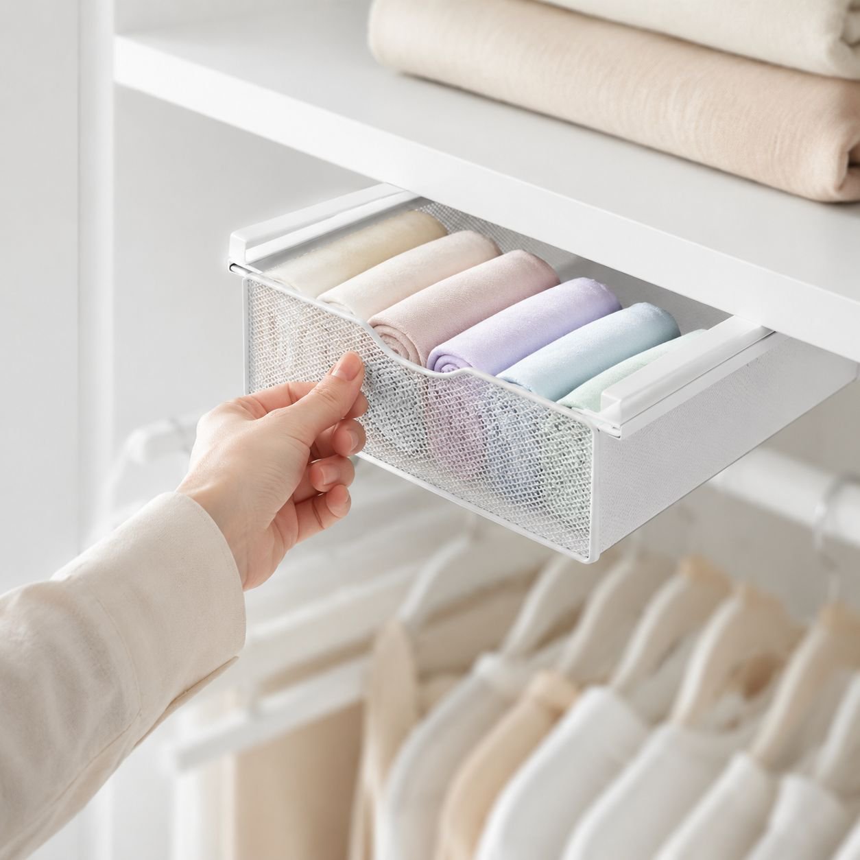 Erweiterbares Unterwäsche- und Sockenregal mit Trennwand für den Kleiderschrank