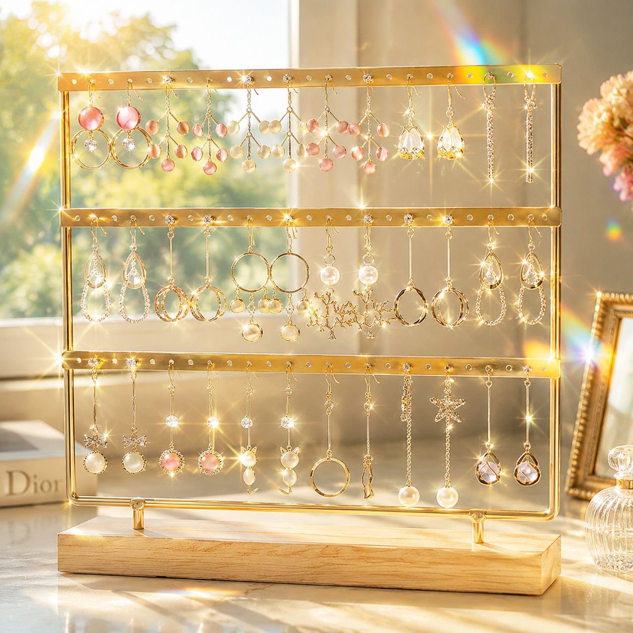 Wall-mounted earring holder with multiple hooks