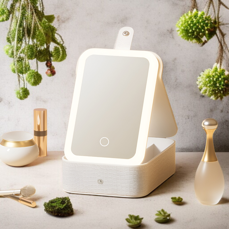 調光ライト搭載の鏡付きメイクボックス