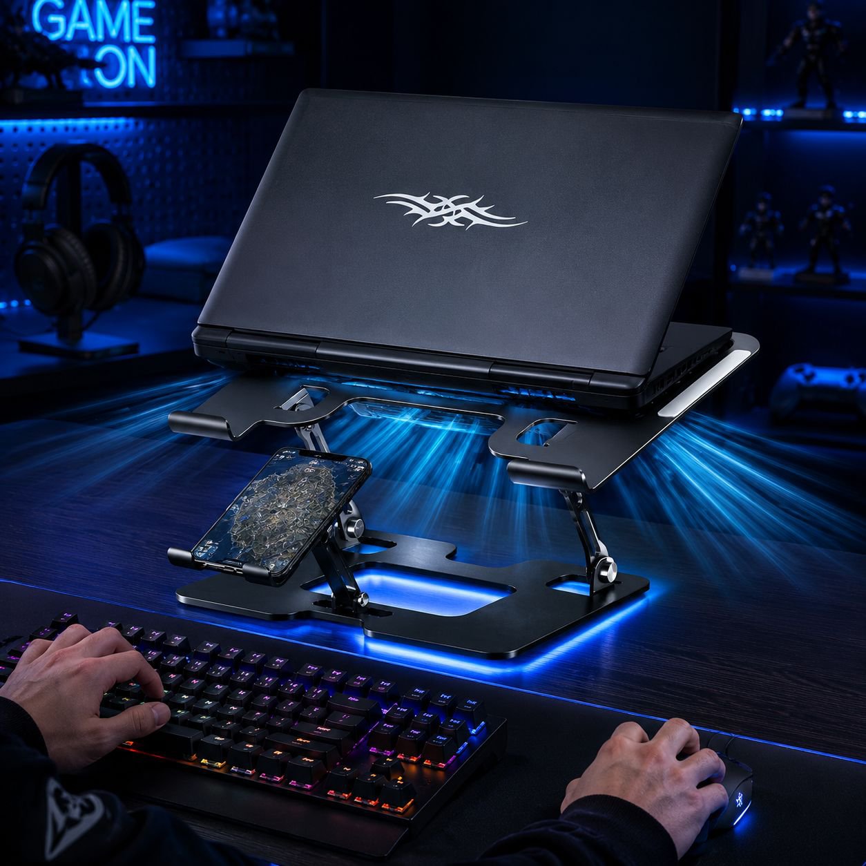 Silent Fan Elevated Laptop Phone Stand, Gaming Notebook Air-Cooled Cooling Base