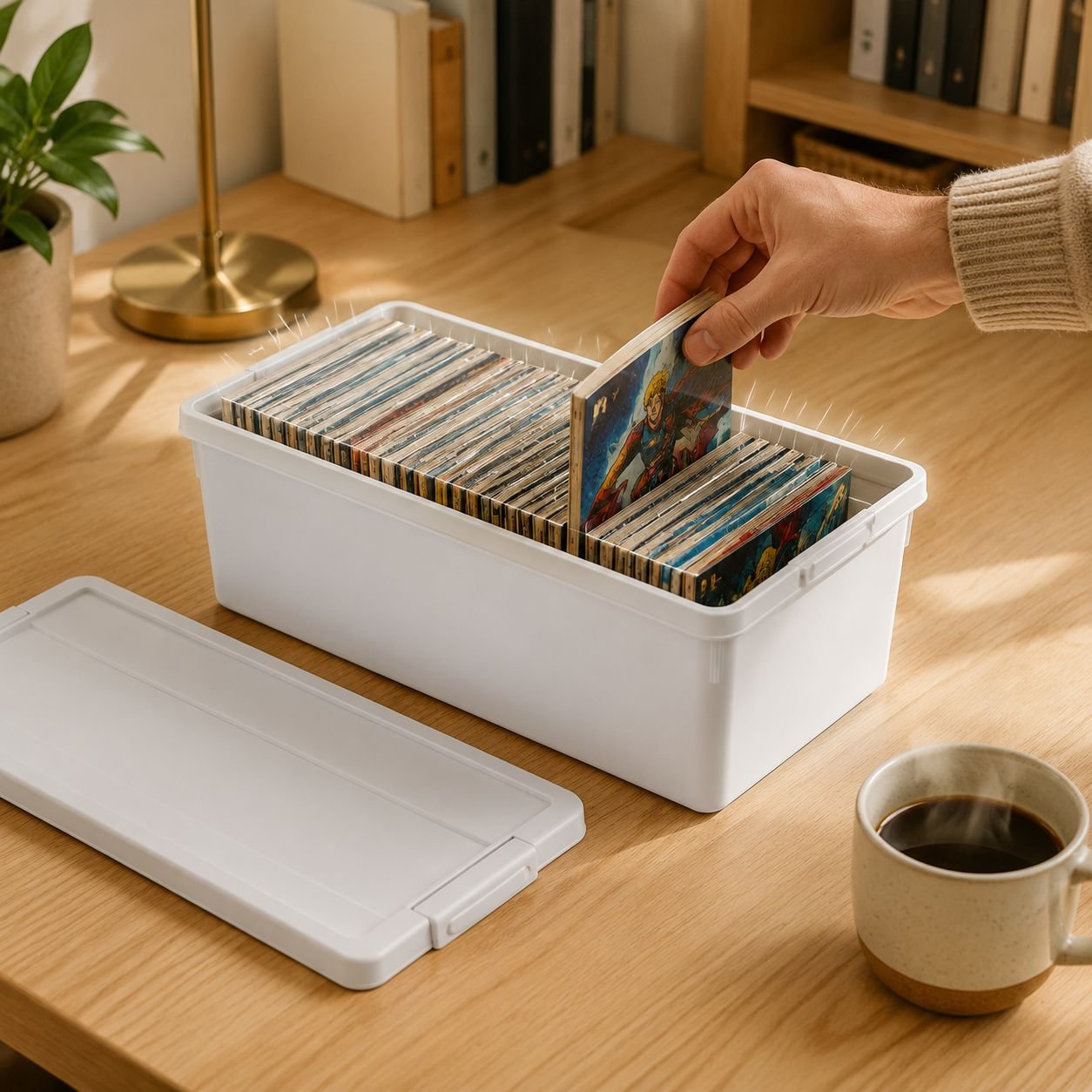 Stapelbare Bücheraufbewahrungsbox mit Deckel im Regal