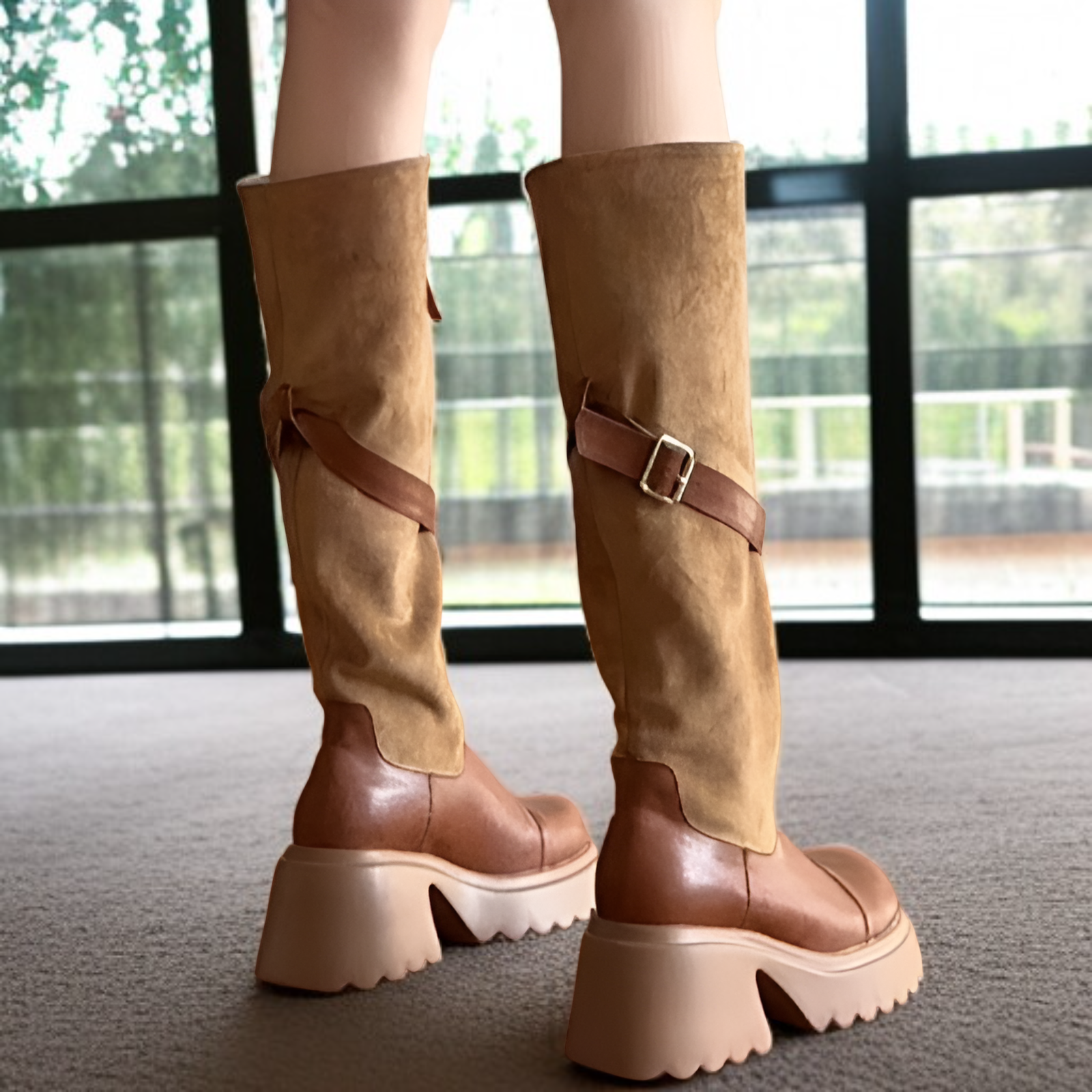 コントラストカラーステッチハイブーツレディース2025秋冬新作フロントジッパーベルトバックル厚底バイクブーツ厚ヒールロングブーツ