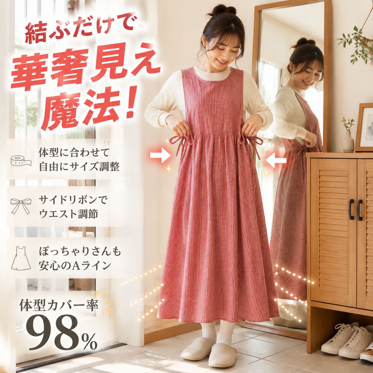 文芸風綿麻チェックワンピース