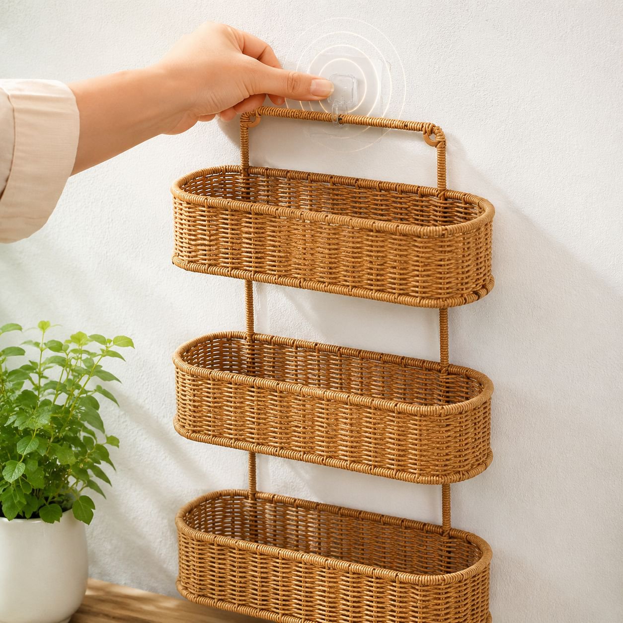 Punch-Free Imitation Rattan Bathroom Shelf, Shower Supply Organizer, Kitchen Storage Rack