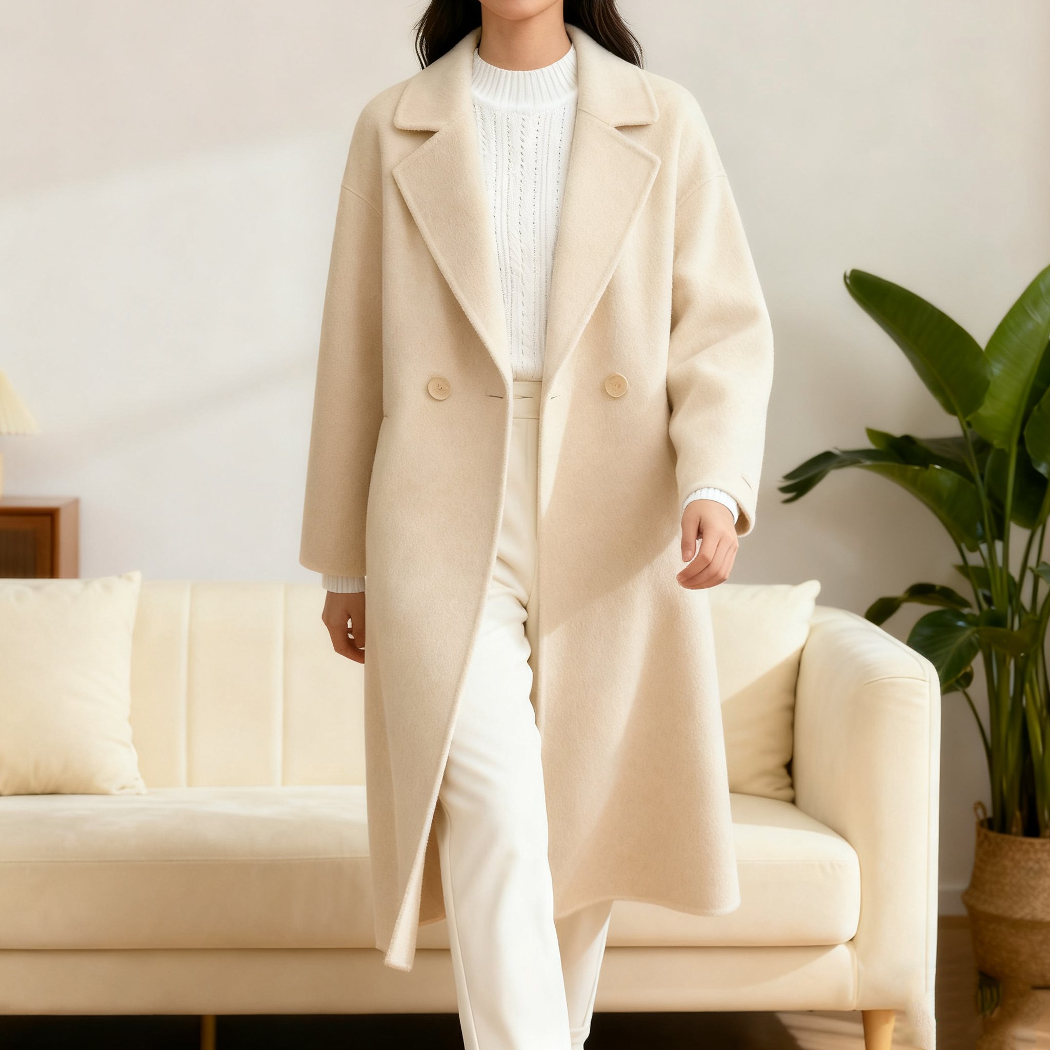 여성스러운 크림 화이트 클래식 울 코트 전면 이미지