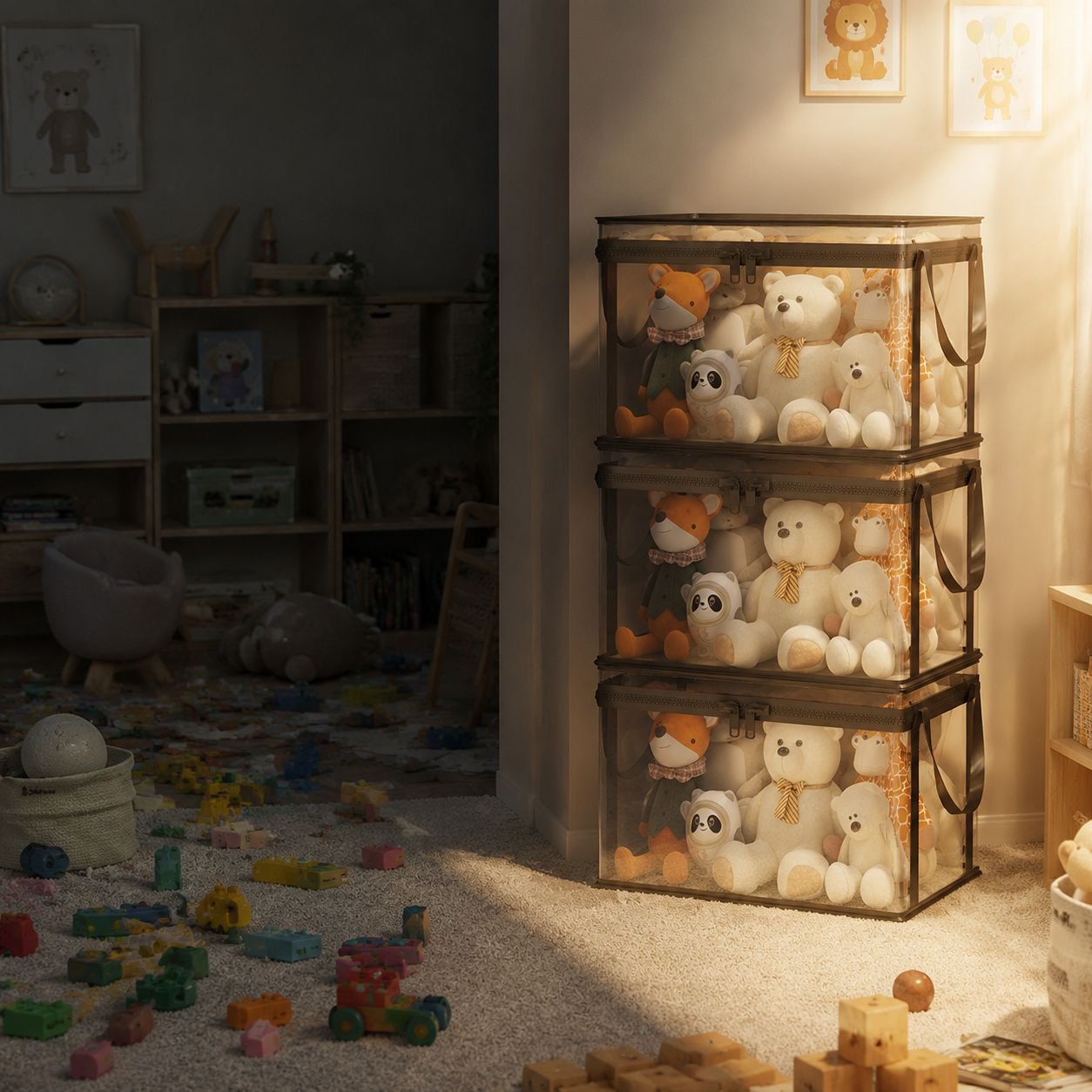 Space-saving doll and toy storage container