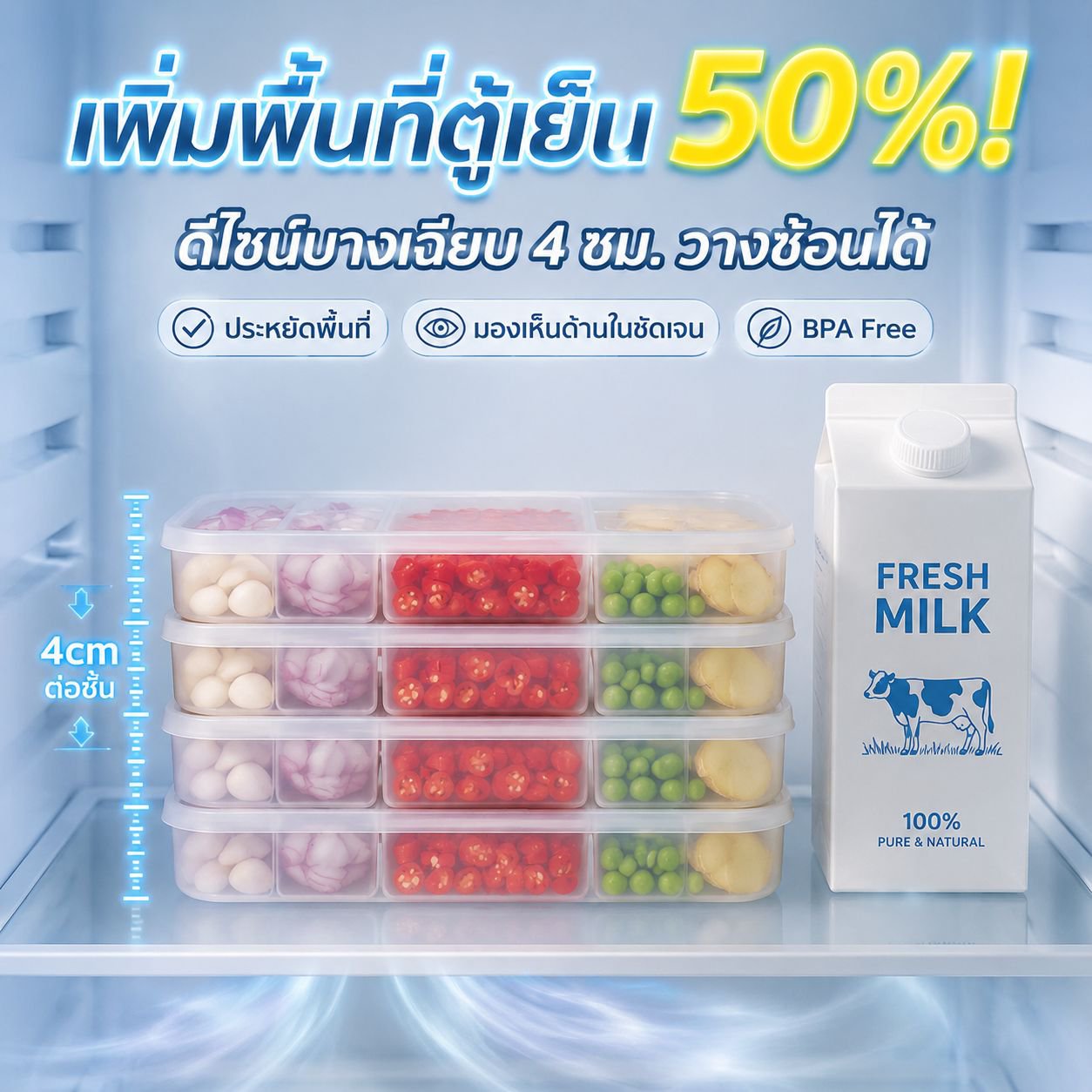 กล่องแบ่งประเภทเก็บวัตถุดิบและอาหารสดในตู้เย็น