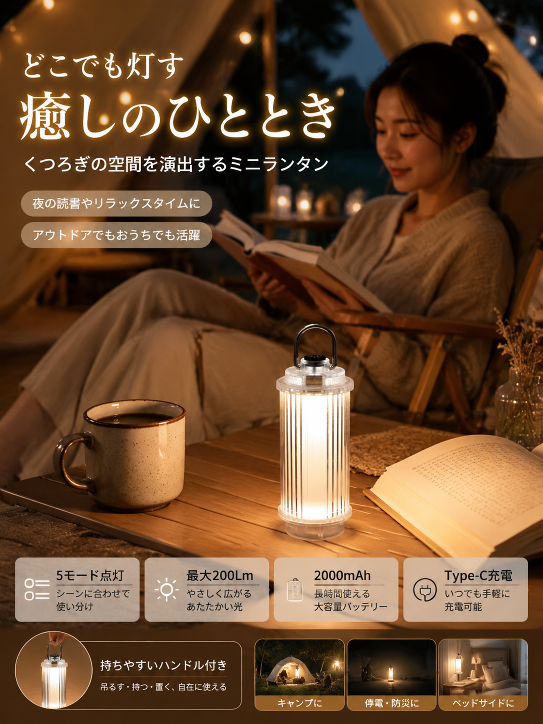Khonsu S3 ミニ透明キャンプランプ、充電式多機能テントキャンプランプ、LED照明