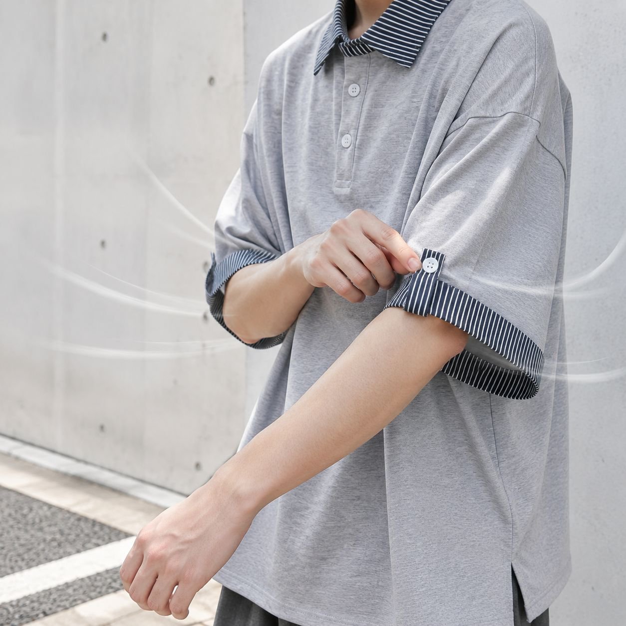 韓国風カジュアルレイヤードTシャツ着用例