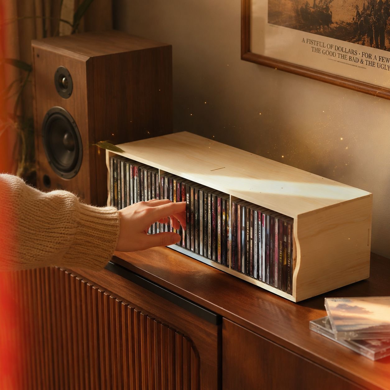 Space-saving DVD holder near entertainment center