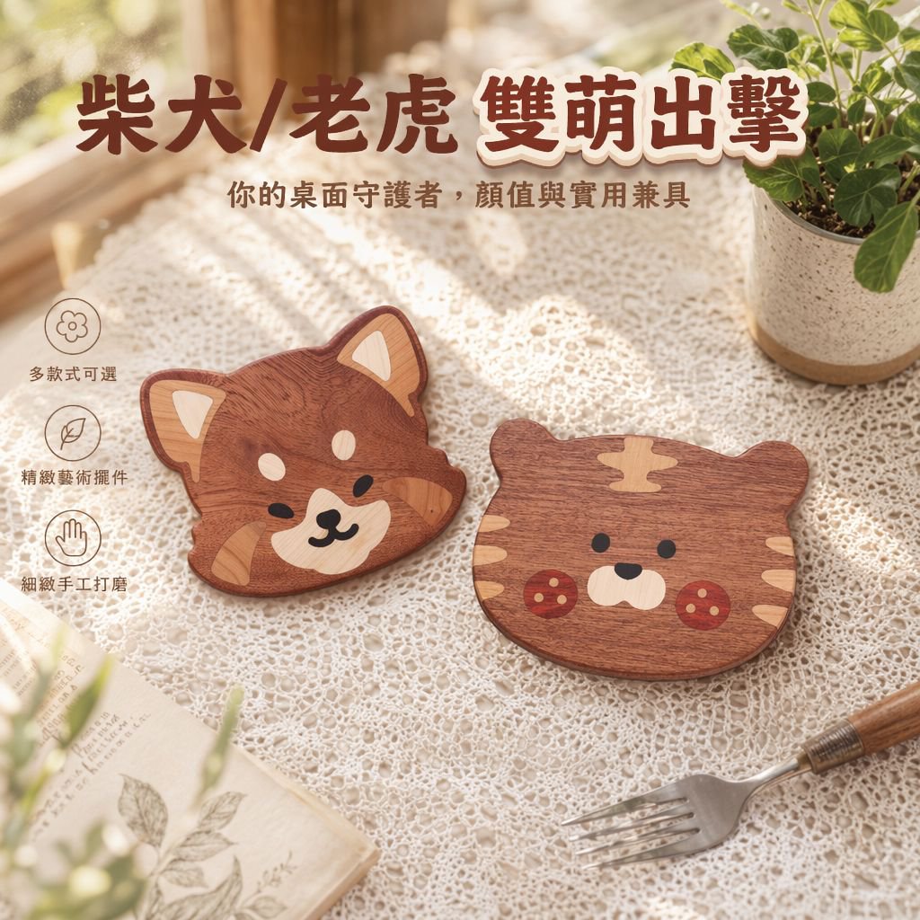 創意柴犬杯墊 木製餐廳咖啡杯托家居擺件