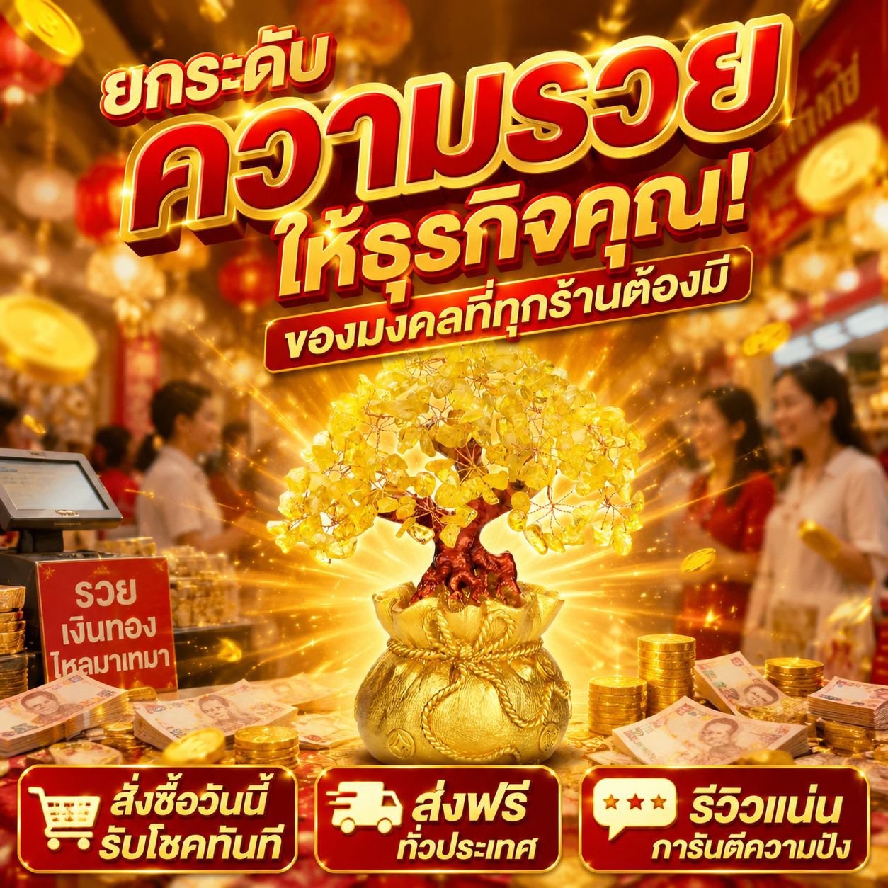 ต้นคริสตัลเหลืองพร้อมถุงเงิน ต้นเงินตกแต่งบ้าน เสริมทรัพย์สินโชคลาภ