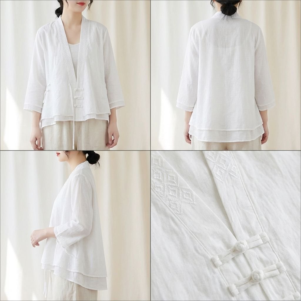 ゆったり紐付き 上品刺繍 チャイナボタン切り替え 七分袖トップス