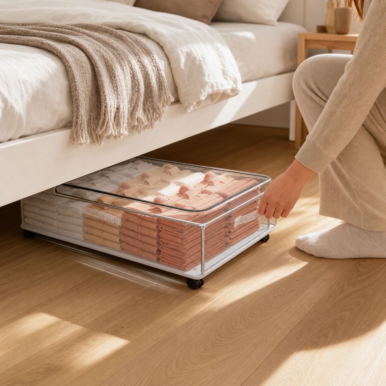 Große Unterbett-Box mit Rollen, feuchtigkeitsbeständige, transparente Aufbewahrung für Kleidung