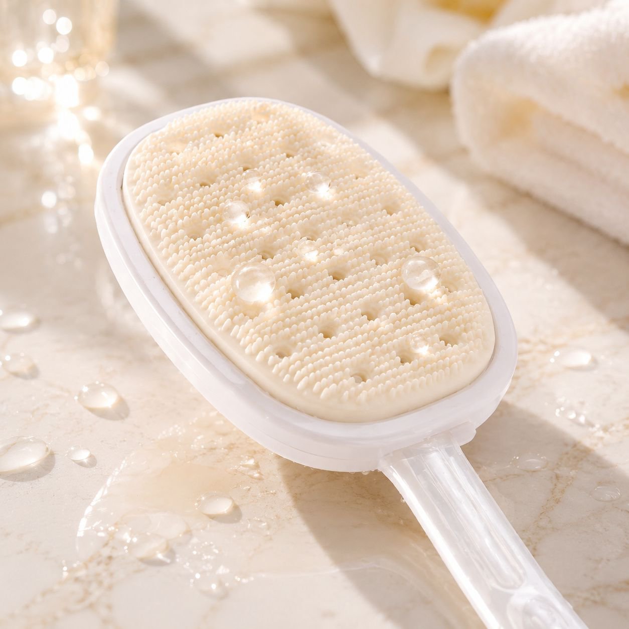 Back scrubber creating rich foam in shower