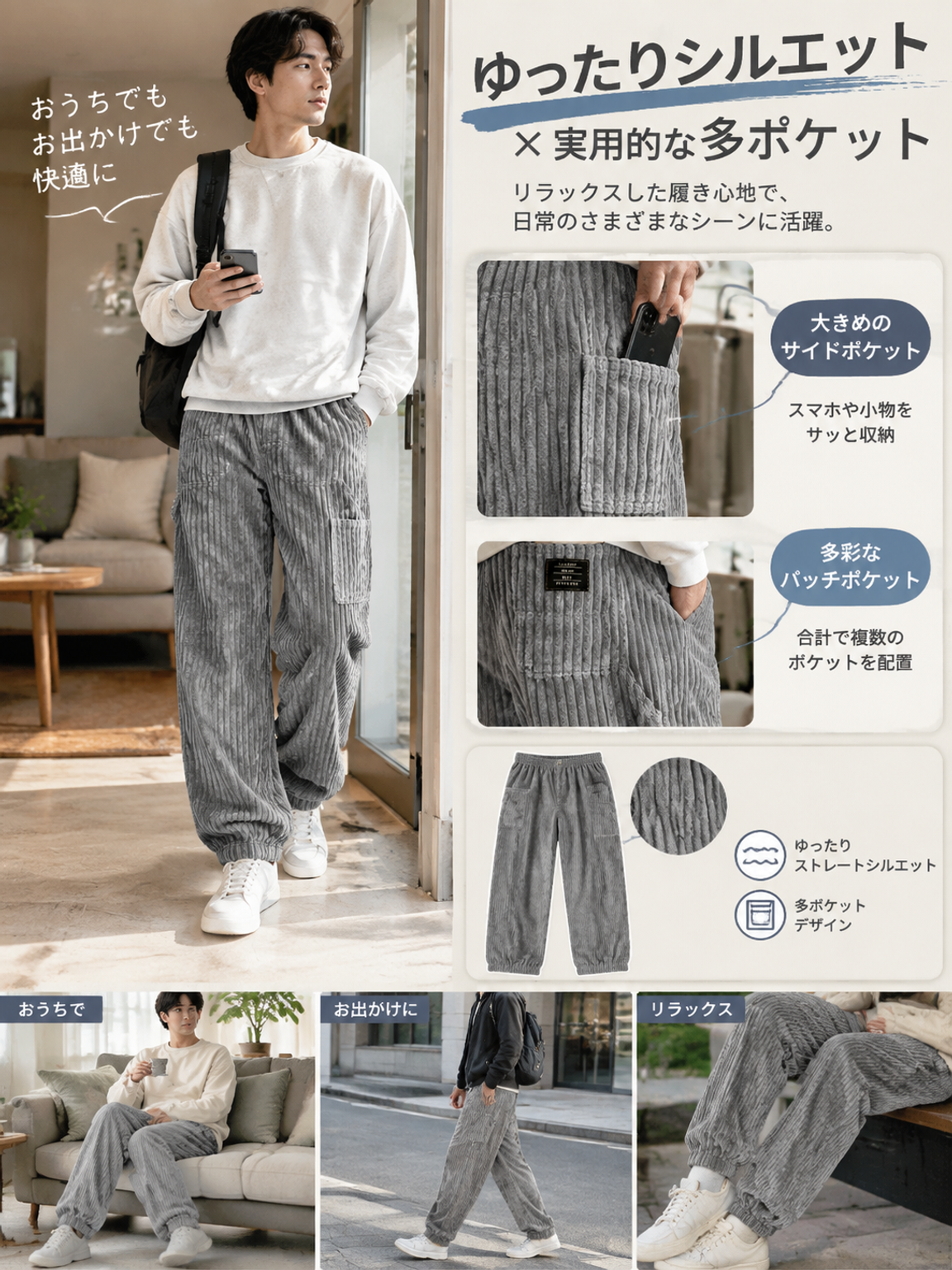 ヨーロッパとアメリカのスタイルを取り入れたメンズコーデュロイストレートレッグカジュアルパンツ、アメリカンレトロリブドローストリングロングパンツ、ゆったりとしたフィット感、6つのポケット