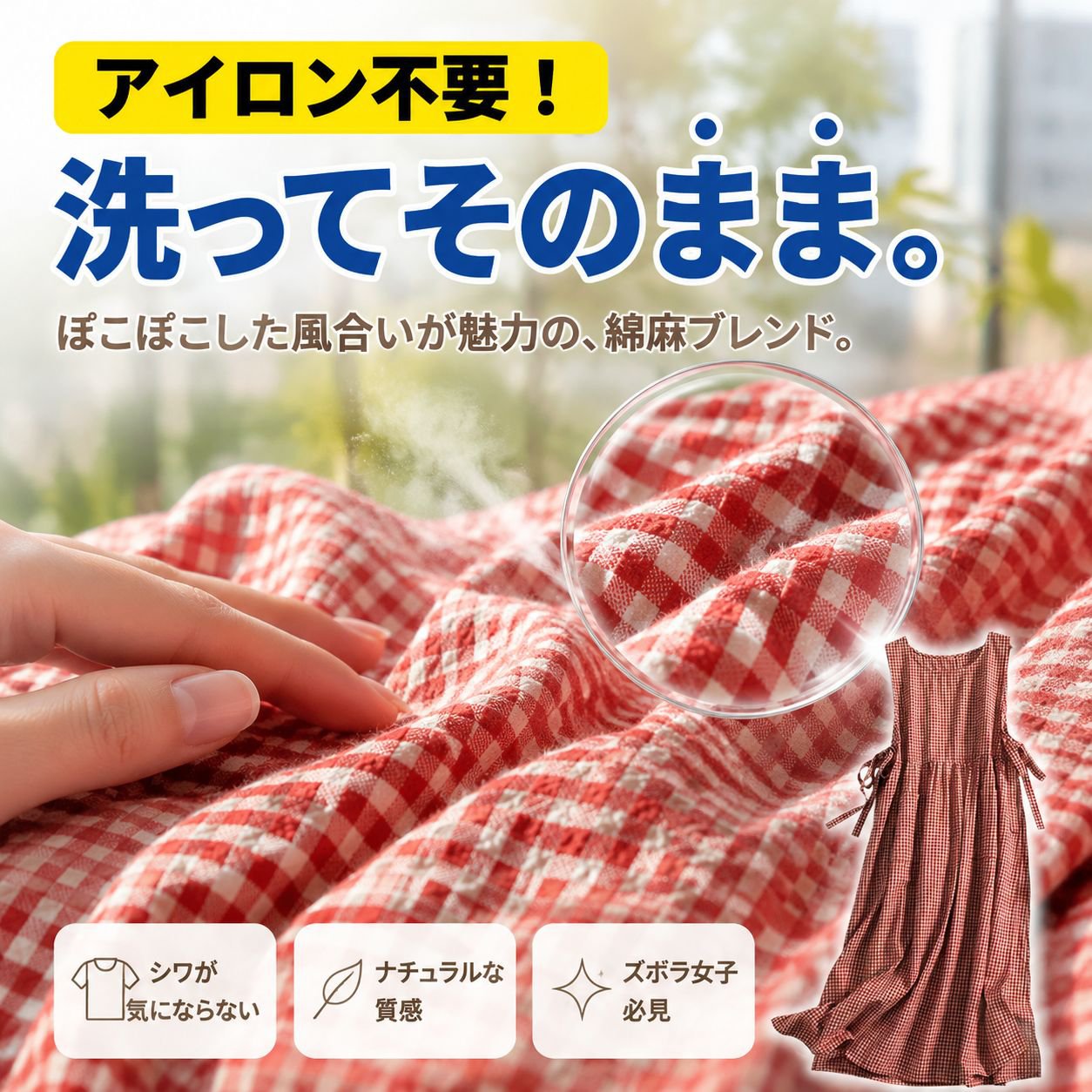 文芸風綿麻チェックワンピース