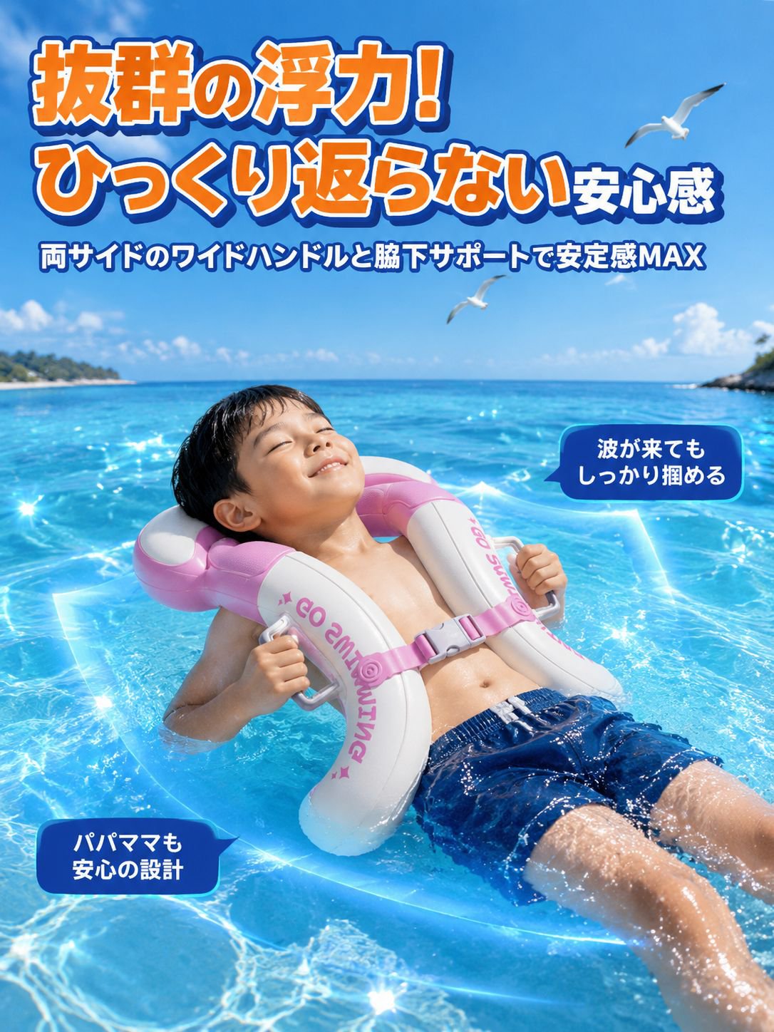 【小児科医＆インストラクター推奨】ひっくり返らないベビー浮き輪｜手押しポンプ内蔵で衛生的！左右ダブルハンドル・転倒防止・脇の下サポート（スイミングデビューに最適・安心の玩具安全基準）
