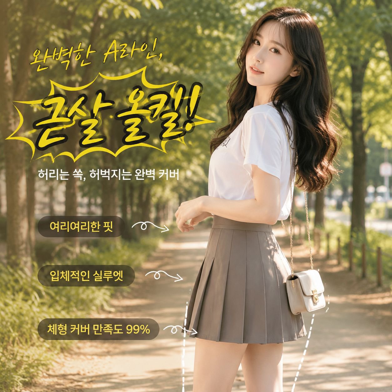 여성 하이웨스트 슬림핏 플리츠 롱 스커트 카키