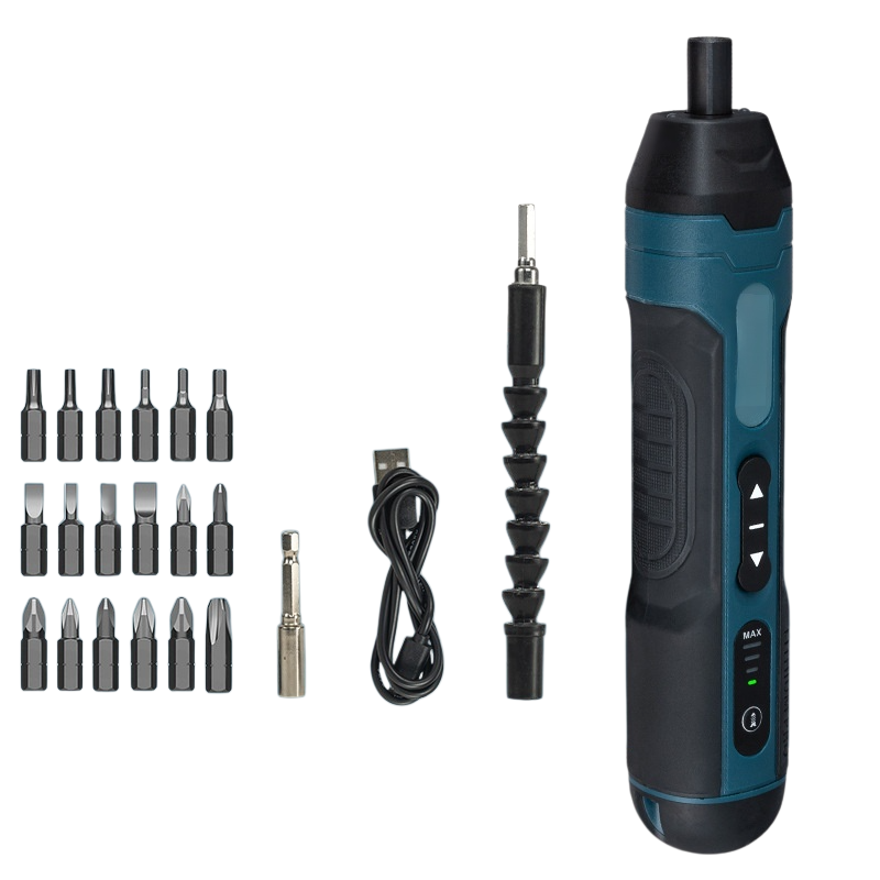 Electric screwdriver kit with plus, minus, hex, and star bits