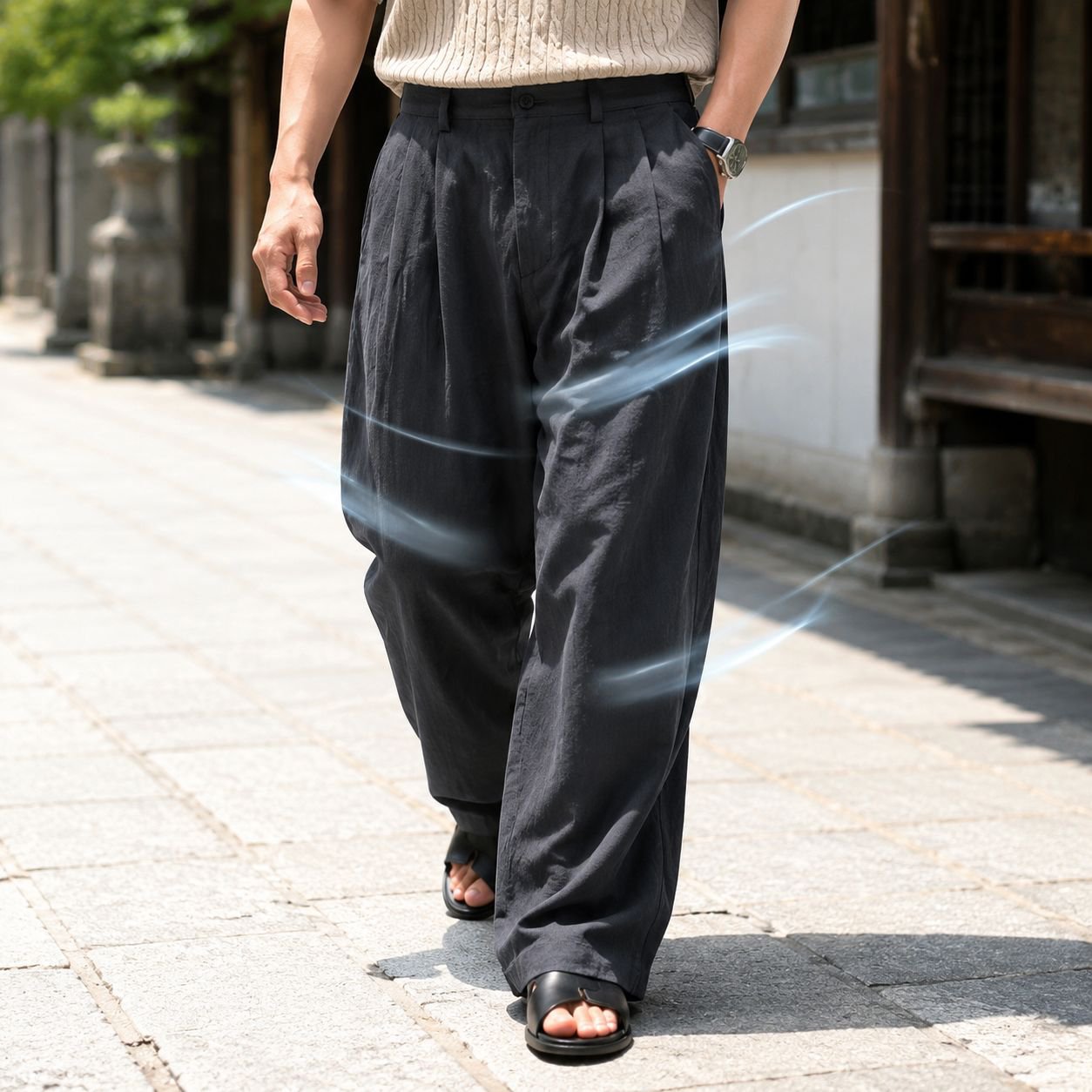メンズ純リネンストレートパンツ